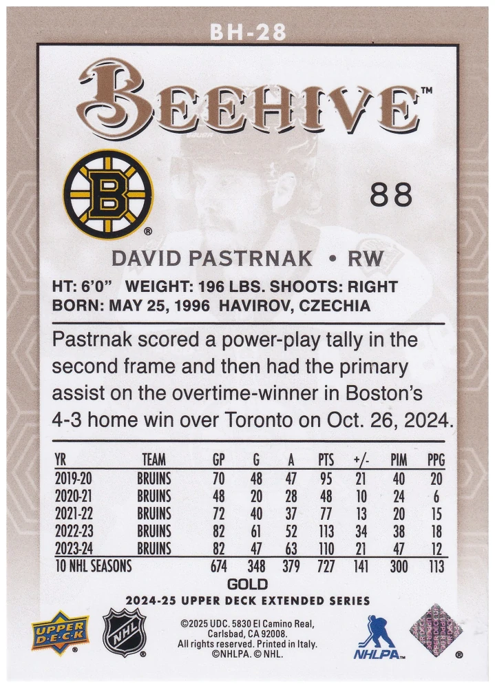2024-25 UD Extended Series - David Pastrňák - Beehive Gold #BH-28
