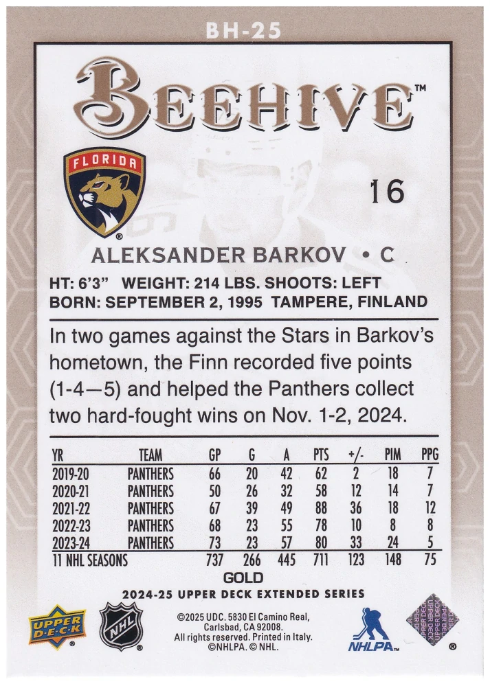 2024-25 UD Extended Series - Aleksander Barkov - Beehive Gold #BH-25