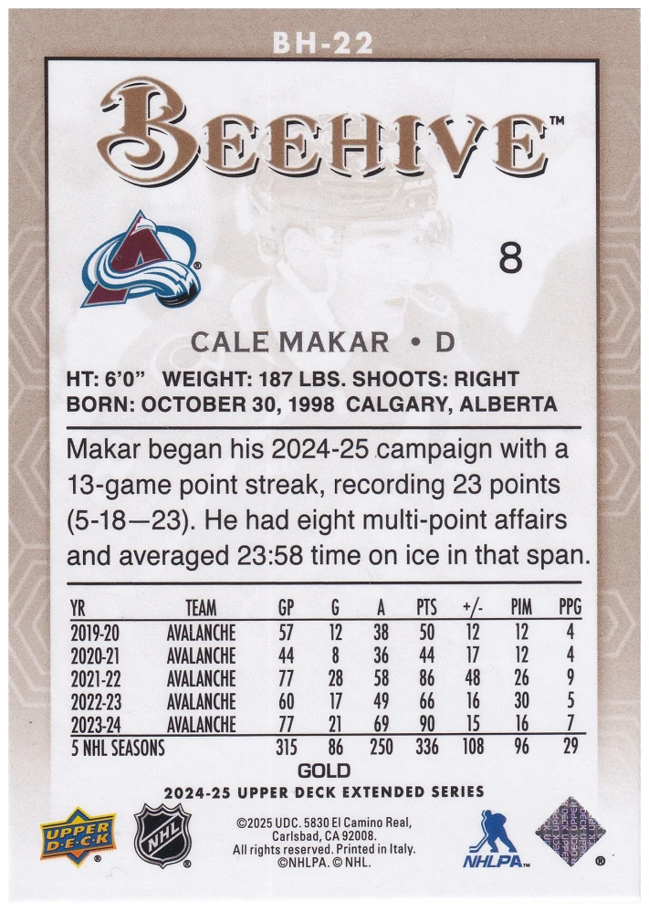 2024-25 UD Extended Series - Cale Makar - Beehive Gold #BH-22