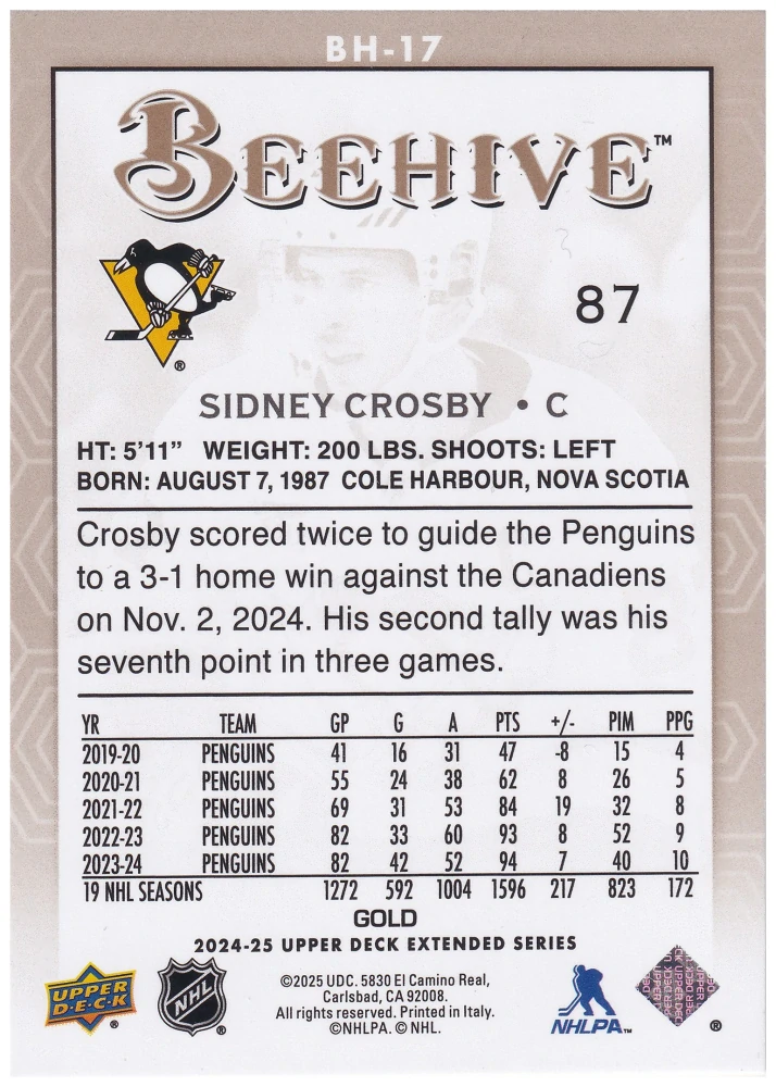 2024-25 UD Extended Series - Sidney Crosby - Beehive Gold #BH-17
