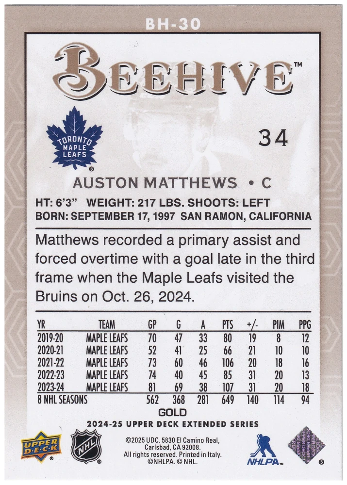 2024-25 UD Extended Series - Auston Matthews - Beehive Gold #BH-30
