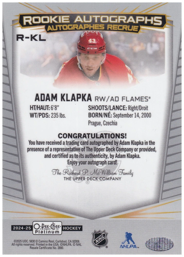 2024-25 UD O-Pee-Chee Platinum - Adam Klapka - Rookie Autographs #R-KL