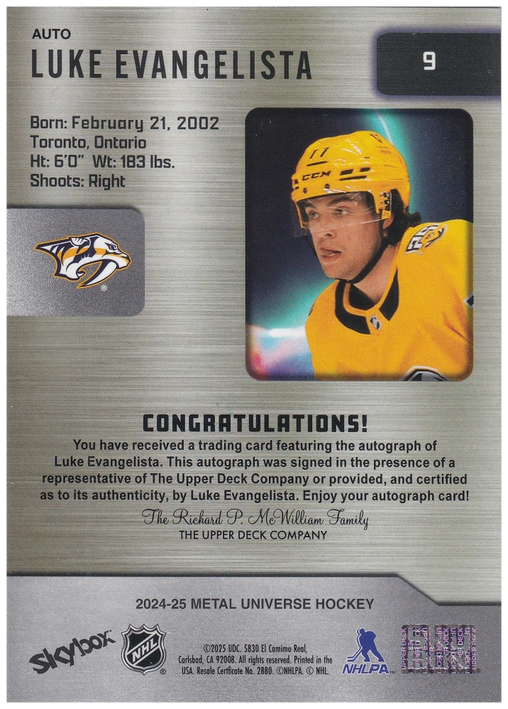 2024-25 UD Skybox Metal Universe - Luke Evangelista - Autographs #9