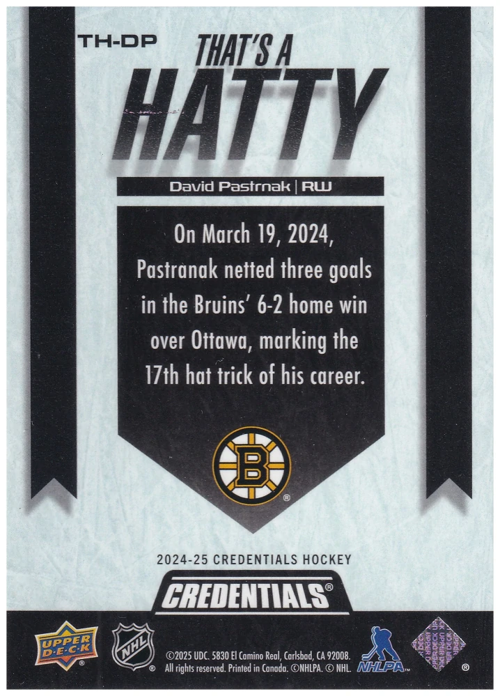 2024-25 UD Credentials - David Pastrňák - That's a Hatty #TH-DP
