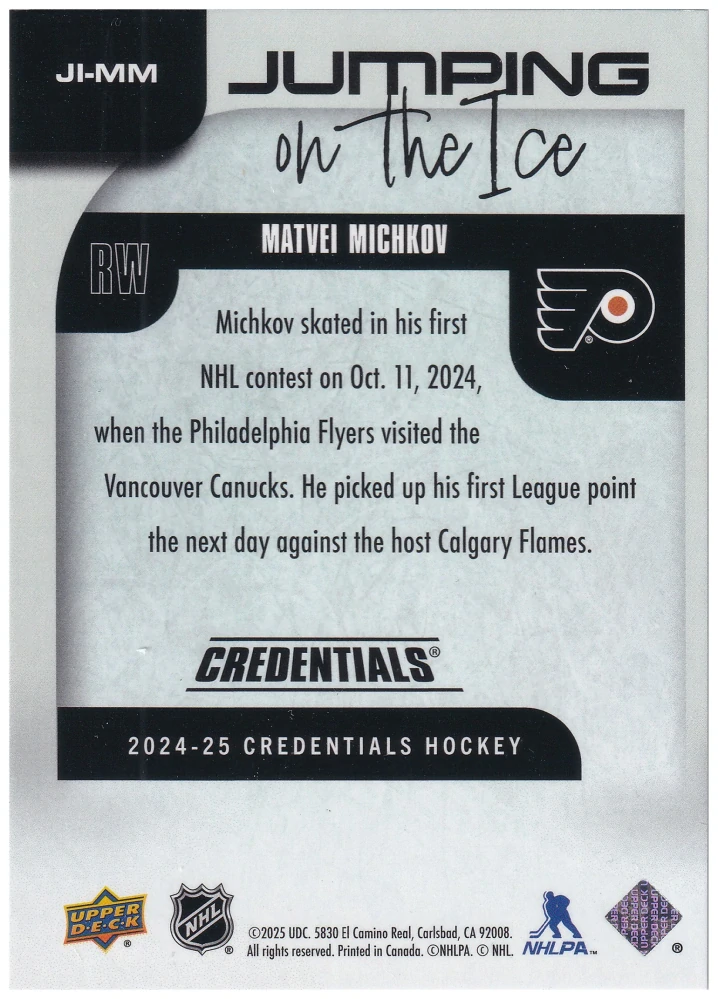 2024-25 UD Credentials - Matvei Michkov - Jumping On The Ice #JI-MM