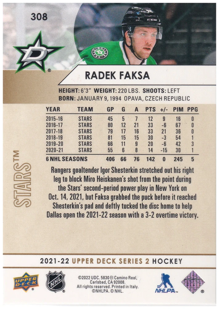 2021-22 UD Series 2 - Radek Faksa - Speckled Rainbow Foil #308
