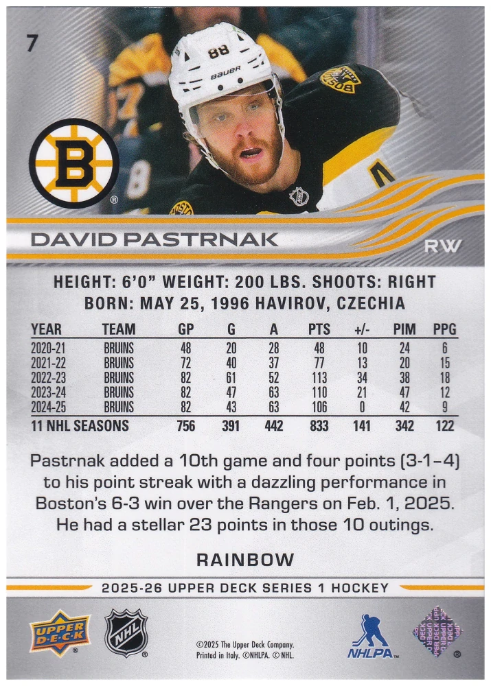 2025-26 UD Series 1 - David Pastrňák - Silver Foil #7