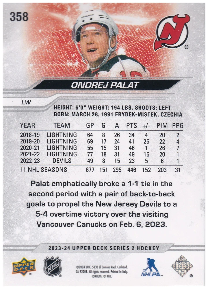 2023-24 UD Series 2 - Ondřej Palát - Outburst #358