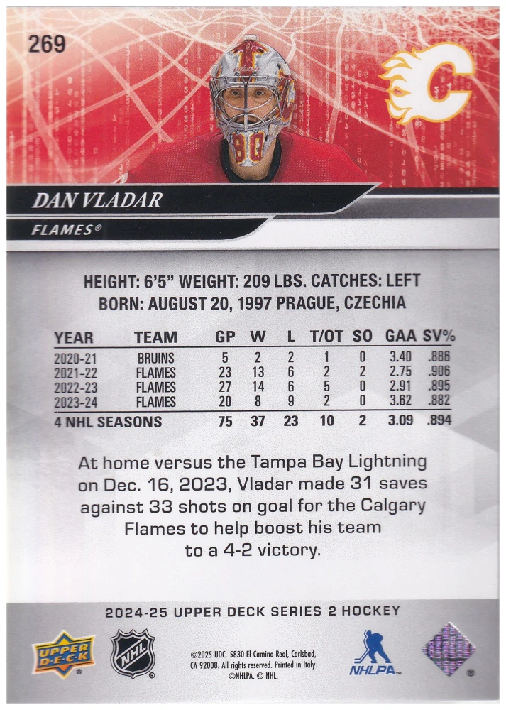 2024-25 UD Series 2 - Dan Vladař - Silver Foil #269