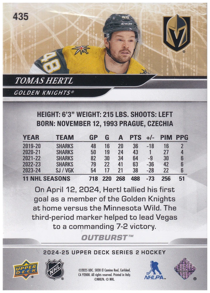 2024-25 UD Series 2 - Tomáš Hertl - Outburst #435