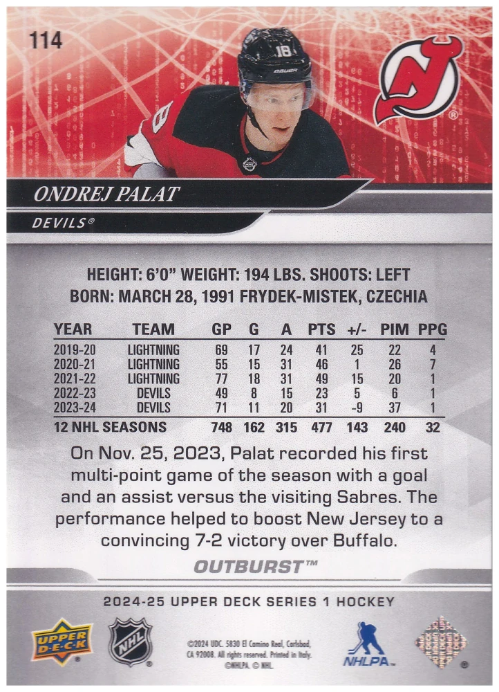 2024-25 UD Series 1 - Ondřej Palát - Outburst #114