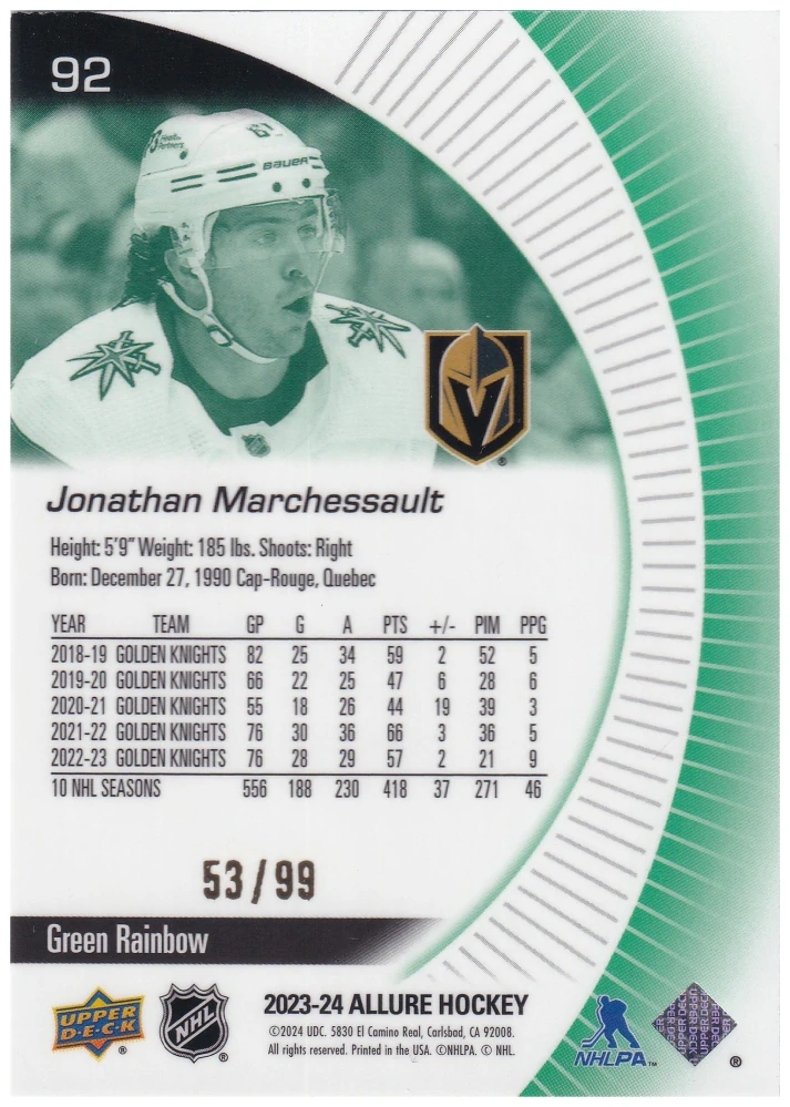 2023-24 UD Allure - Jonathan Marchessault - Green Rainbow /99 #92