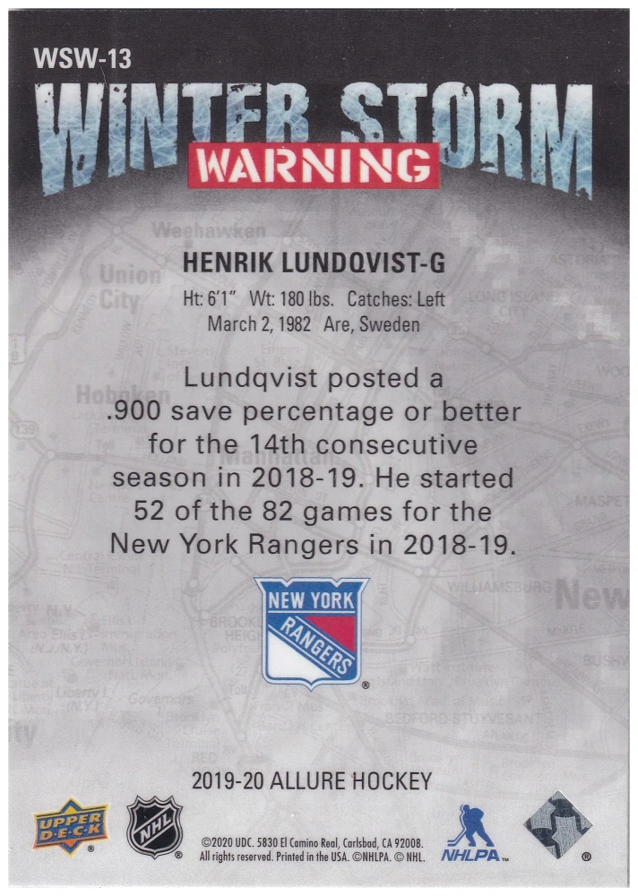 2019-20 UD Allure - Henrik Lundqvist - Winter Storm Warning #WSW-13