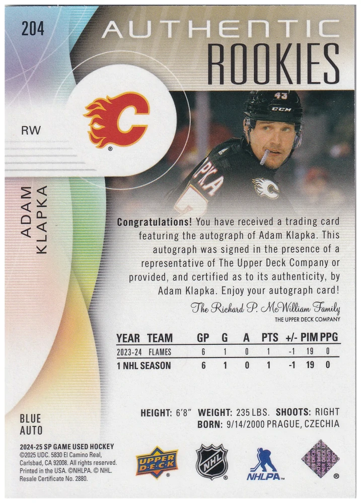 2024-25 UD SP Game Used - Adam Klapka - Authentic Rookies Blue Autograph #204