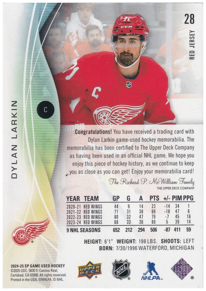 2024-25 UD SP Game Used - Dylan Larkin - Red Jersey #28