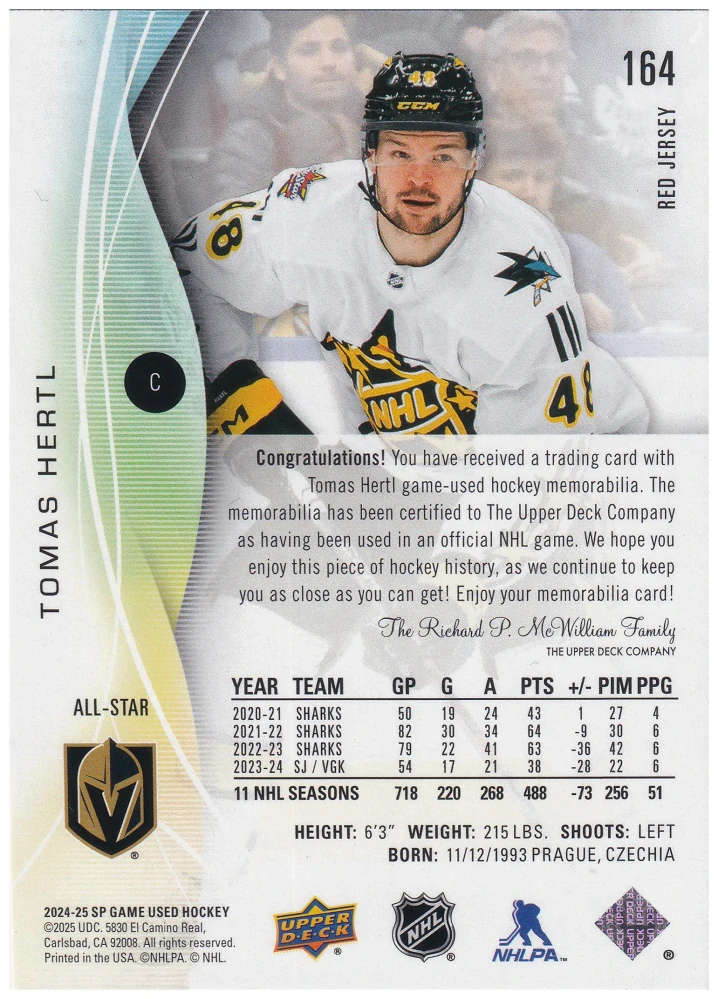 2024-25 UD SP Game Used - Tomáš Hertl - Red Jersey #164