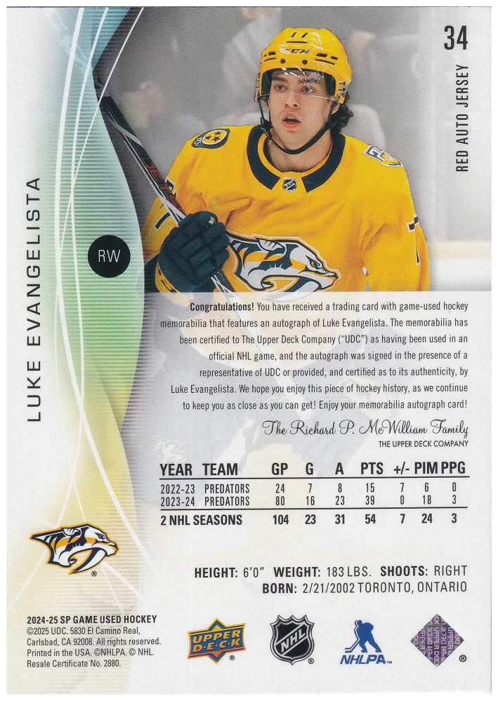 2024-25 UD SP Game Used - Luke Evangelista - Red Auto Jersey /149 #34