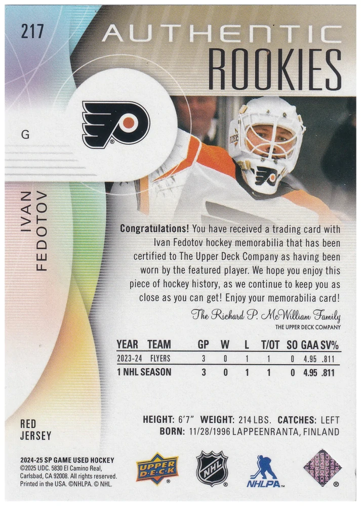 2024-25 UD SP Game Used - Ivan Fedotov - Authentic Rookies Red Jersey #217