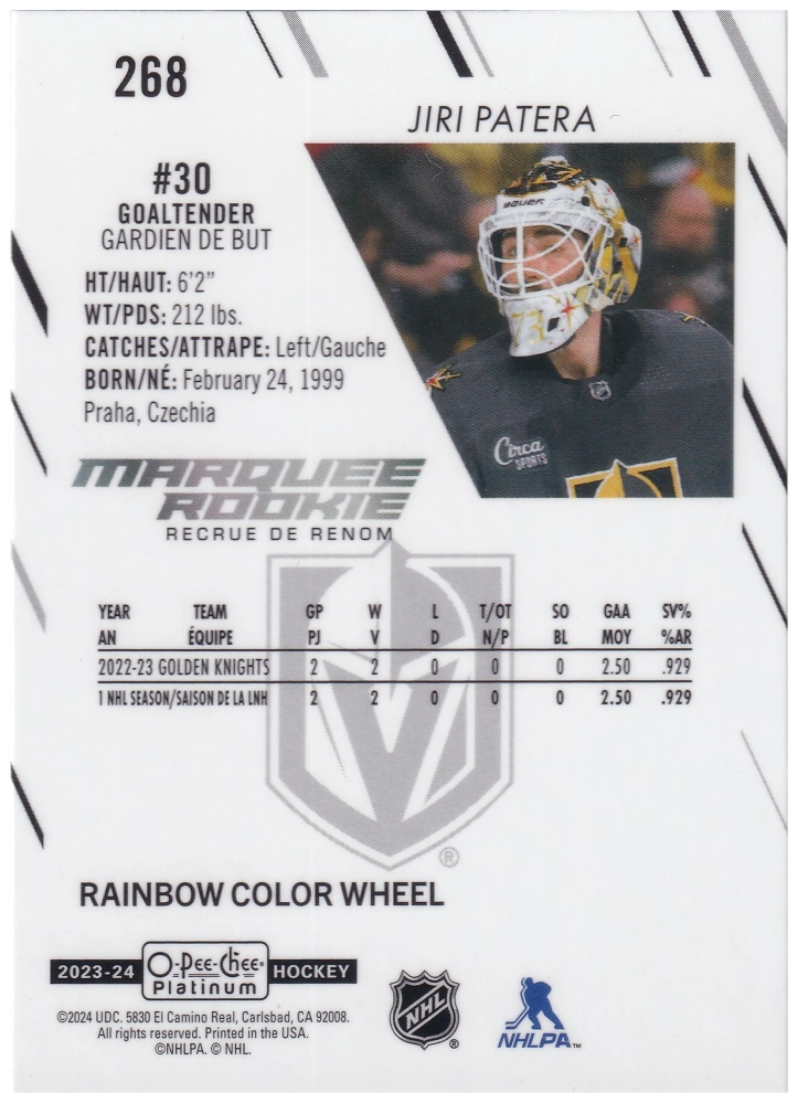 2023-24 UD O-Pee-Chee Platinum - Jiří Patera - Marquee Rookie Rainbow Color Wheel #268