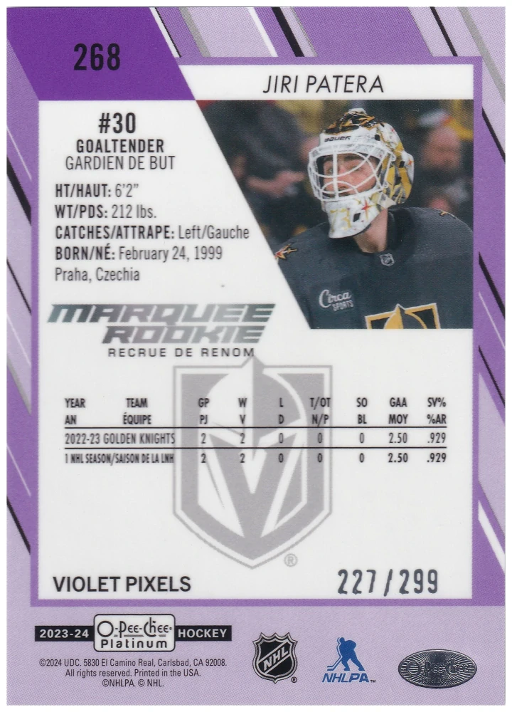 2023-24 UD O-Pee-Chee Platinum - Jiří Patera - Marquee Rookie Violet Pixels /299 #268