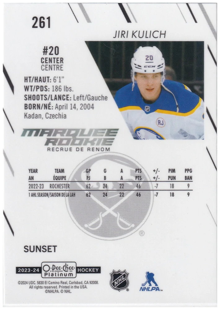 2023-24 UD O-Pee-Chee Platinum - Jiří Kulich - Marquee Rookie Sunset #261