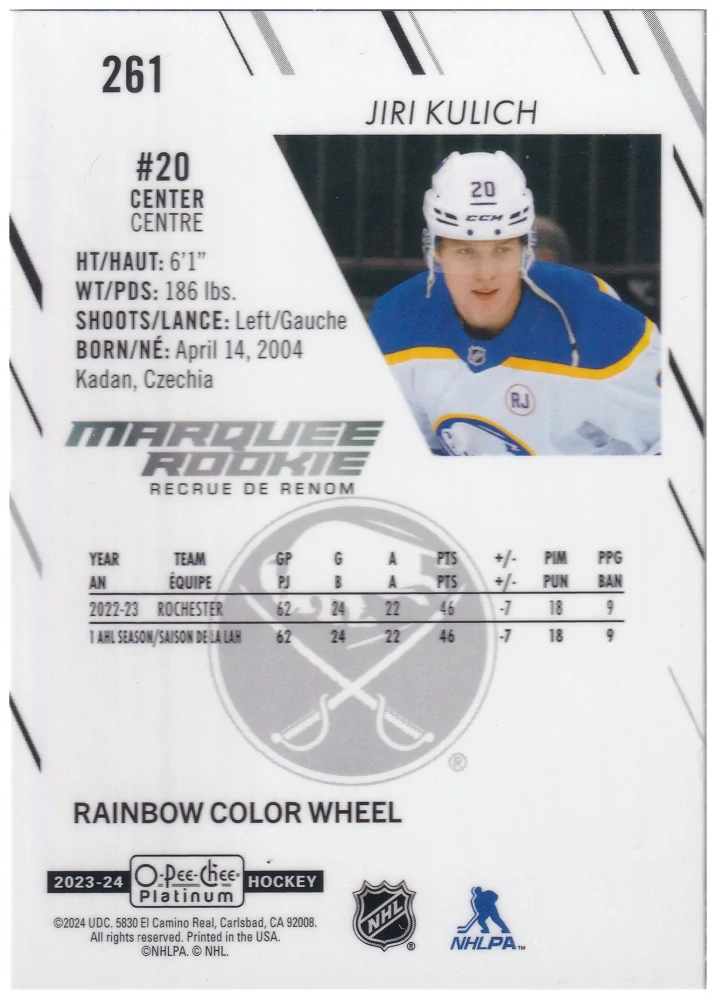 2023-24 UD O-Pee-Chee Platinum - Jiří Kulich - Marquee Rookie Rainbow Color Wheel #261