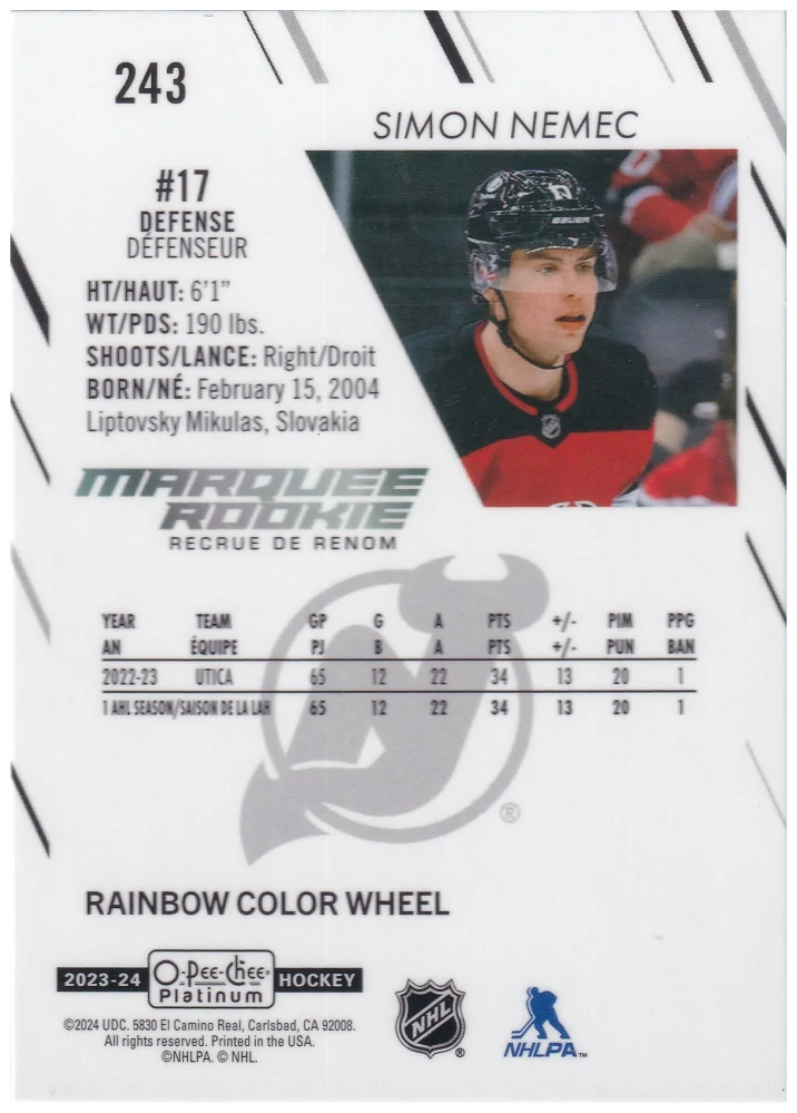 2023-24 UD O-Pee-Chee Platinum - Šimon Nemec - Marquee Rookie Rainbow Color Wheel #261