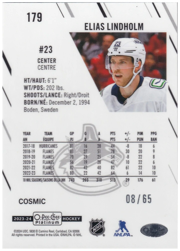 2023-24 UD O-Pee-Chee Platinum - Elias Lindholm - Cosmic /65 #179