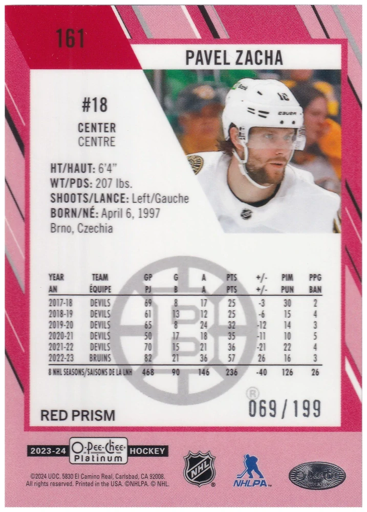 2023-24 UD O-Pee-Chee Platinum - Pavel Zacha - Red Prism /199 #161