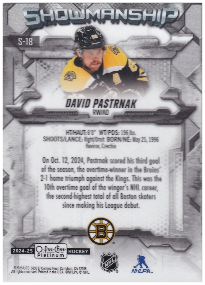 2024-25 UD O-Pee-Chee Platinum - David Pastrňák - Showmanship #S-18