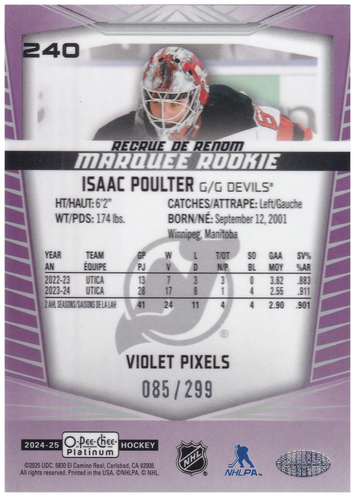 2024-25 UD O-Pee-Chee Platinum - Isaac Poulter - Marquee Rookie Violet Pixels /299 #240