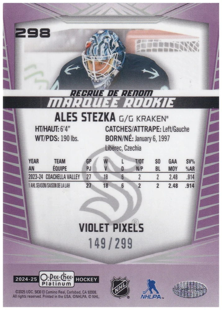 2024-25 UD O-Pee-Chee Platinum - Aleš Stezka - Marquee Rookie Violet Pixels /299 #298