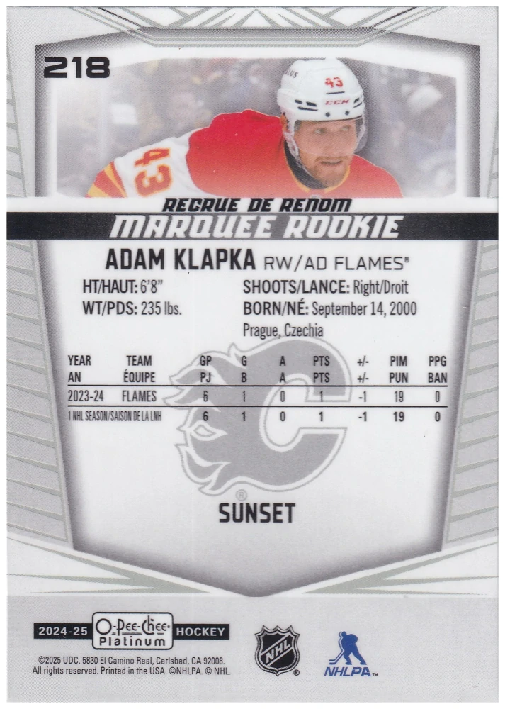 2024-25 UD O-Pee-Chee Platinum - Adam Klapka - Marquee Rookie Sunset #218