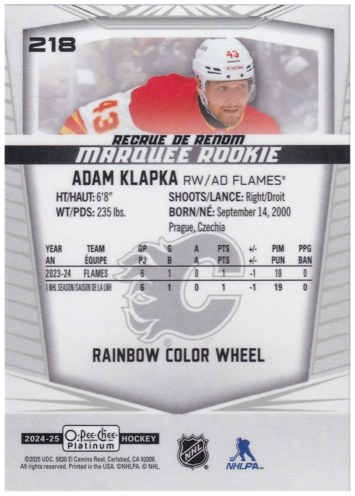 2024-25 UD O-Pee-Chee Platinum - Adam Klapka - Marquee Rookie Rainbow Color Wheel #218