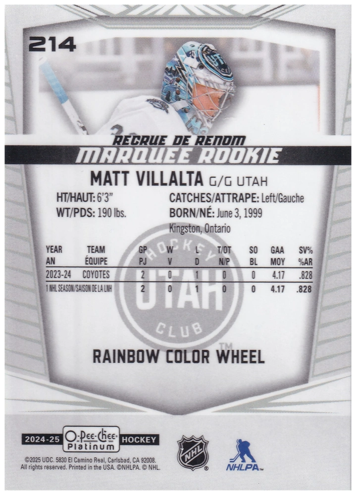 2024-25 UD O-Pee-Chee Platinum - Matt Villalta - Marquee Rookie Rainbow Color Wheel #214
