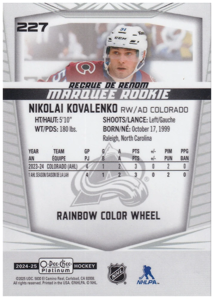 2024-25 UD O-Pee-Chee Platinum - Nikolai Kovalenko - Marquee Rookie Rainbow Color Wheel #227