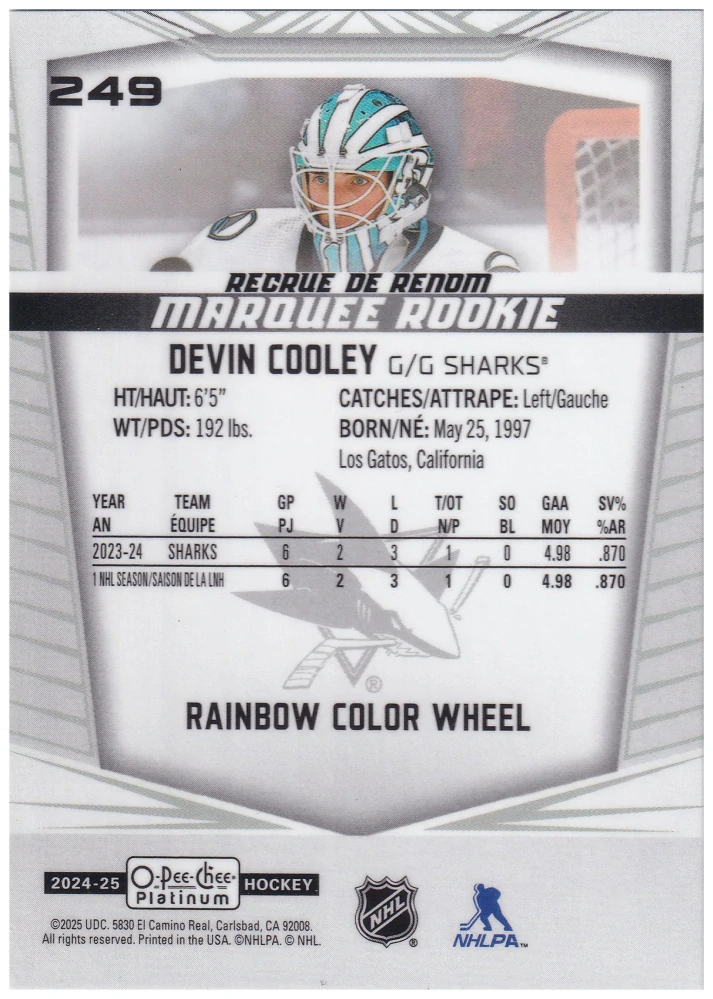 2024-25 UD O-Pee-Chee Platinum - Devin Cooley - Marquee Rookie Rainbow Color Wheel #249