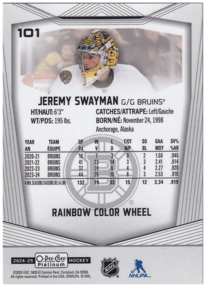 2024-25 UD O-Pee-Chee Platinum - Jeremy Swayman - Rainbow Color Wheel #101