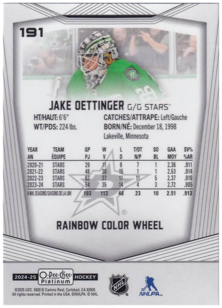 2024-25 UD O-Pee-Chee Platinum - Jake Oettinger - Rainbow Color Wheel #191