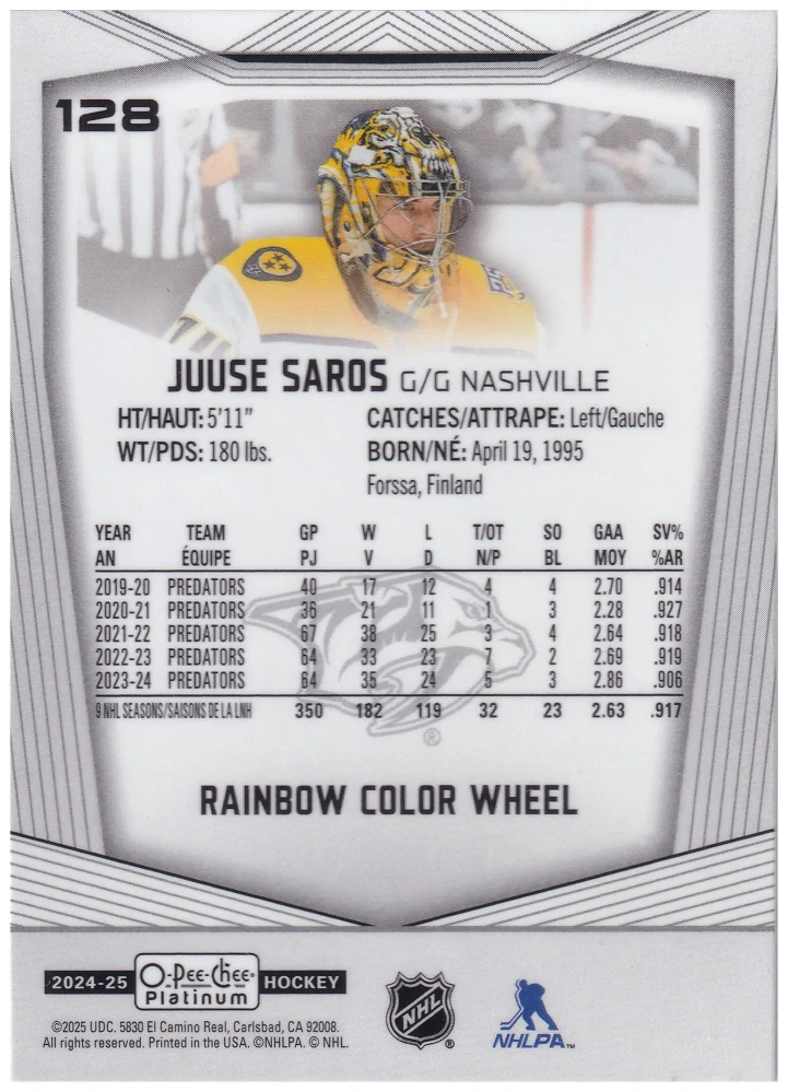 2024-25 UD O-Pee-Chee Platinum - Juuse Saros - Rainbow Color Wheel #128