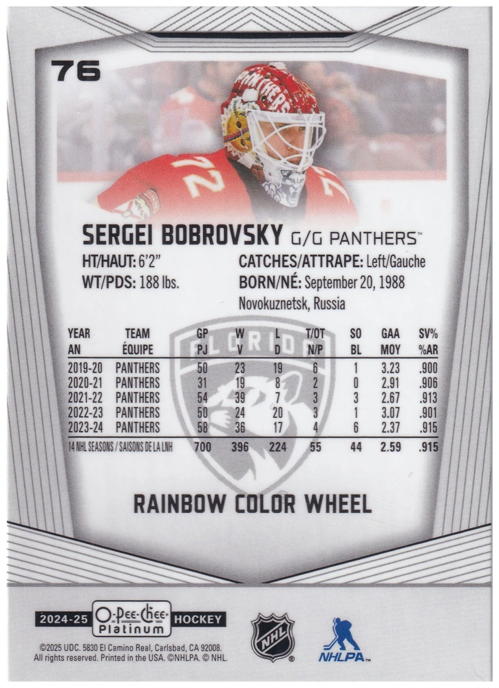 2024-25 UD O-Pee-Chee Platinum - Sergei Bobrovsky - Rainbow Color Wheel #76