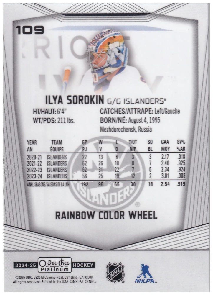 2024-25 UD O-Pee-Chee Platinum - Ilya Sorokin - Rainbow Color Wheel #109