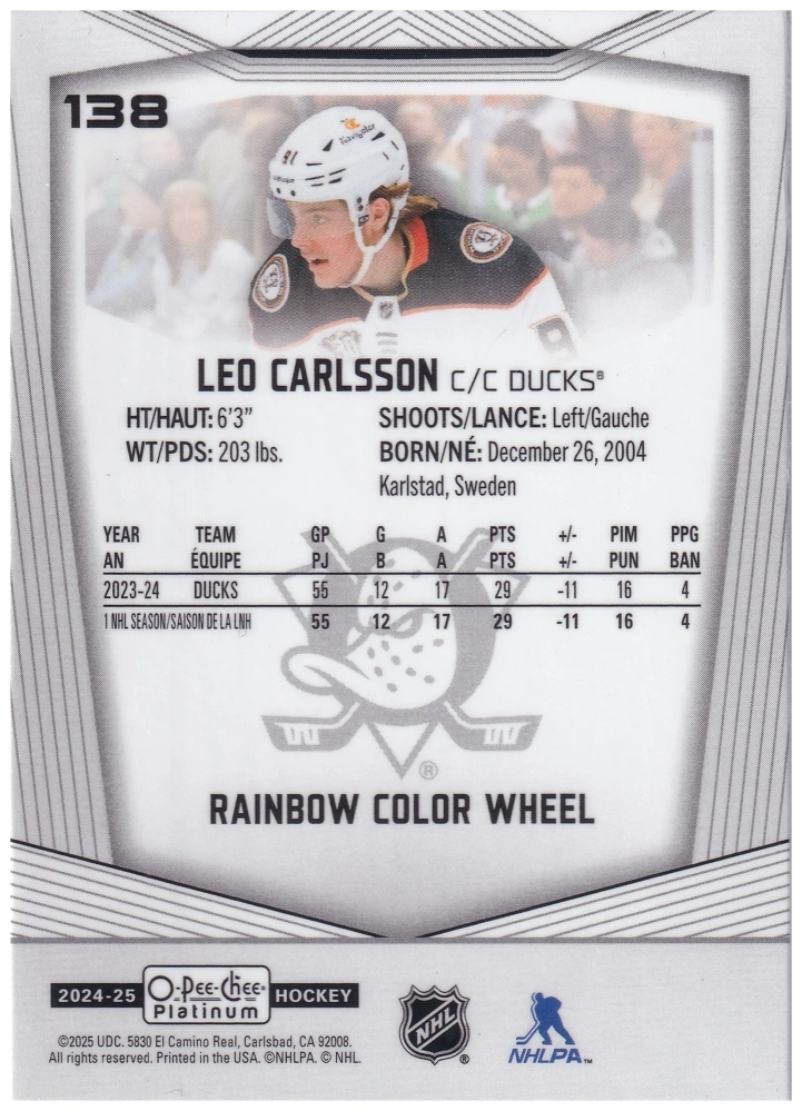 2024-25 UD O-Pee-Chee Platinum - Leo Carlsson - Rainbow Color Wheel #138