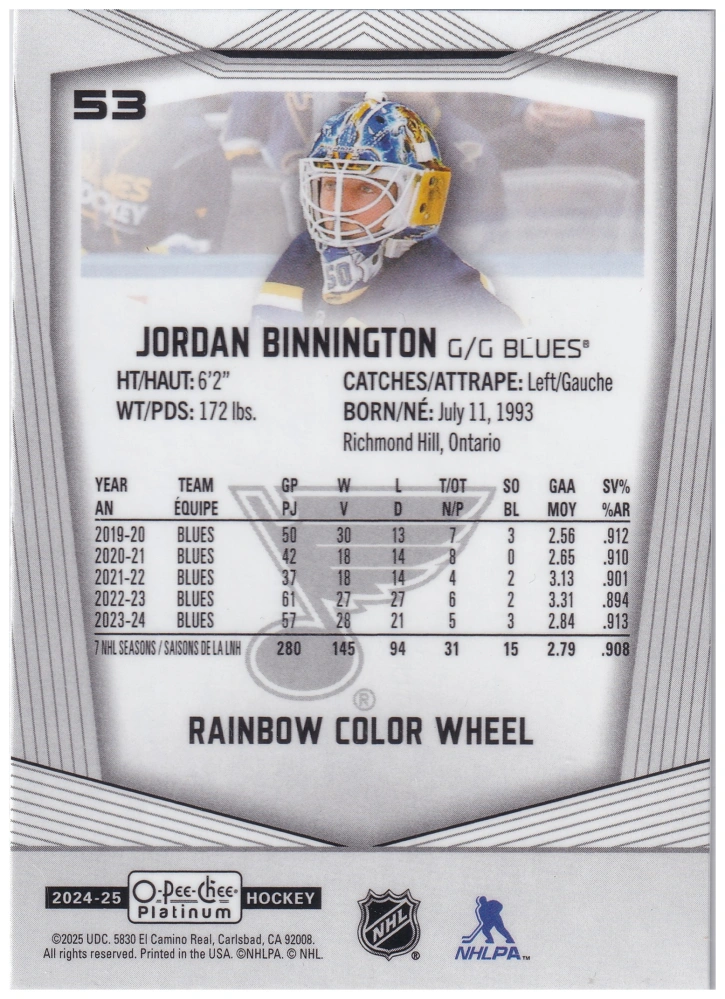 2024-25 UD O-Pee-Chee Platinum - Jordan Binnington - Rainbow Color Wheel #53