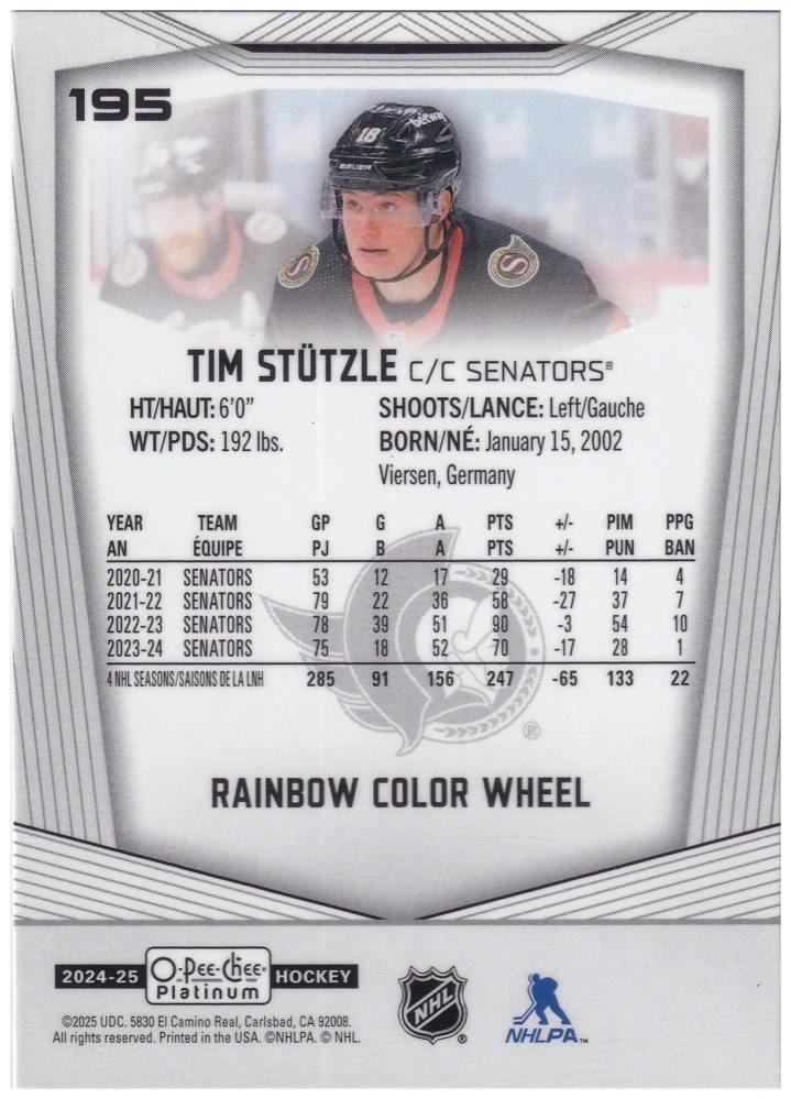 2024-25 UD O-Pee-Chee Platinum - Tim Stutzle - Rainbow Color Wheel #195