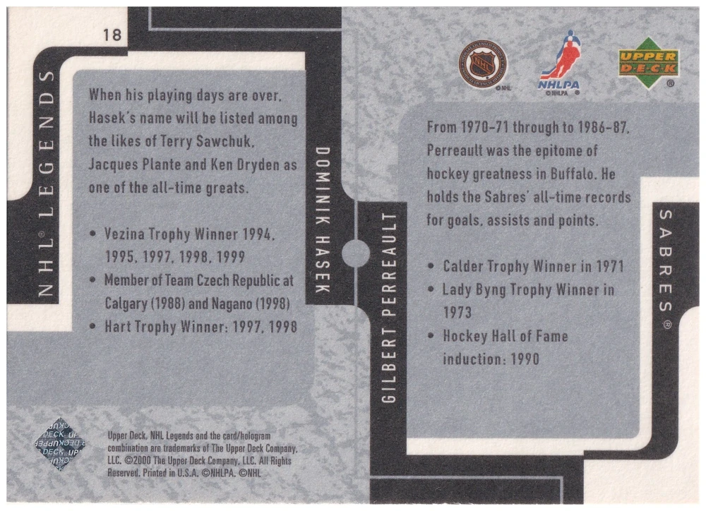 2000-01 UD Legends - Dominik Hašek, Gilbert Perreault - Team Foundations #18