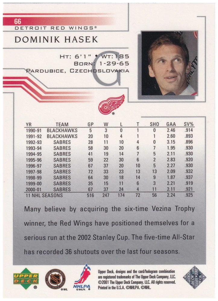 2001-02 UD Series 1 - Dominik Hašek #66