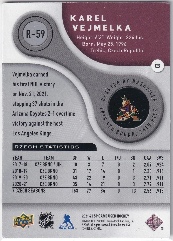 2021-22 UD SP Game Used - Karel Vejmelka - 2005-06 Retro Rookies /999 #R-59