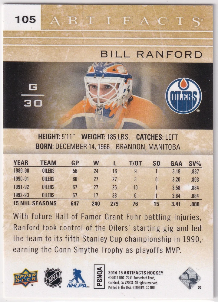 2014-15 UD Artifacts - Bill Ranford /999 #105