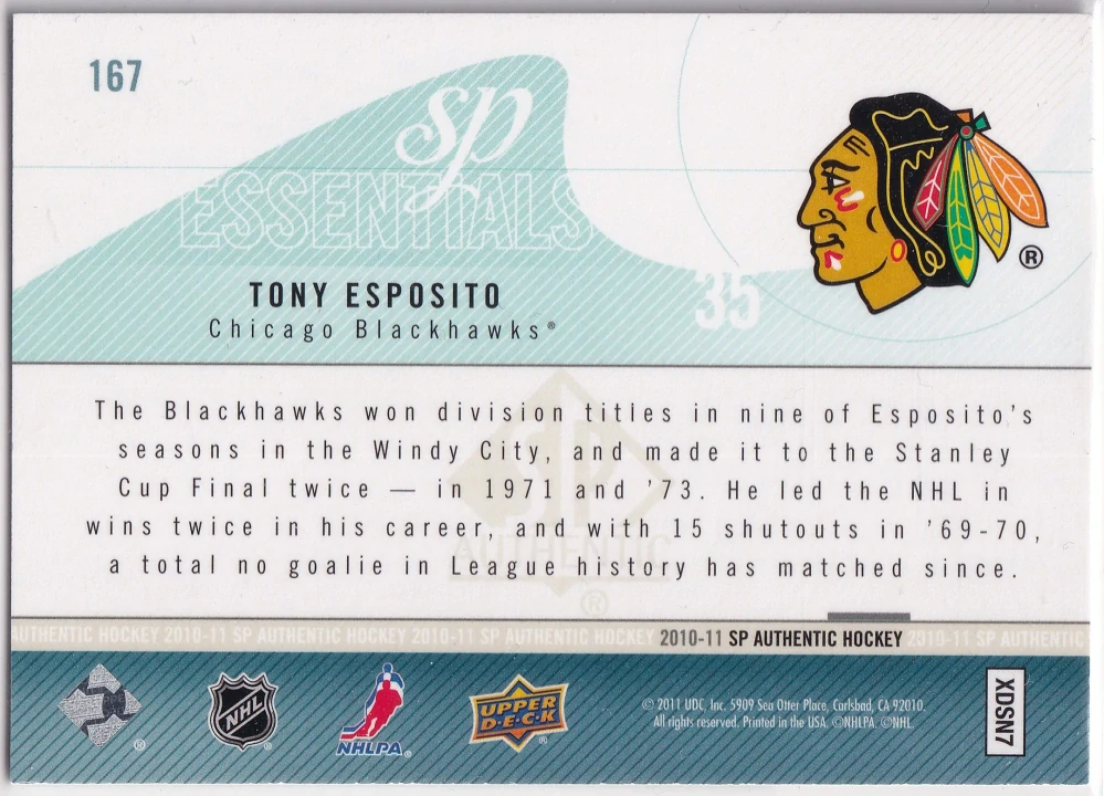 2010-11 UD SP Authentic - Tony Esposito - SP Essentials /1999 #167